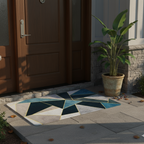 Geometric patterned doormat in front of a brown door with a potted plant nearby.