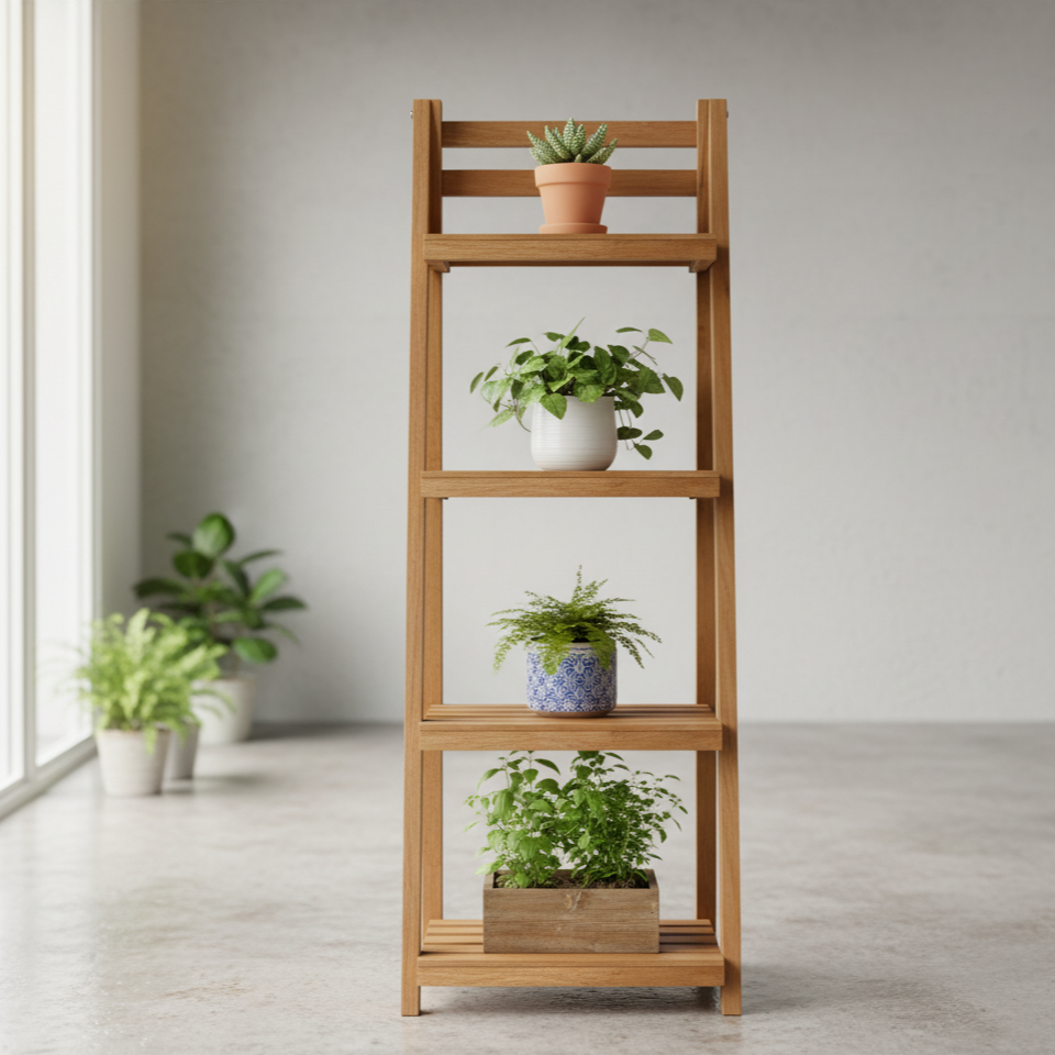 Wooden shelf with plants against a neutral wall
