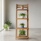 Wooden shelf with plants against a neutral wall