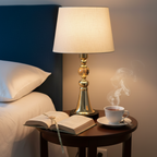 Gold lamp on a bedside table with a book and steaming cup of coffee next to a bed.
