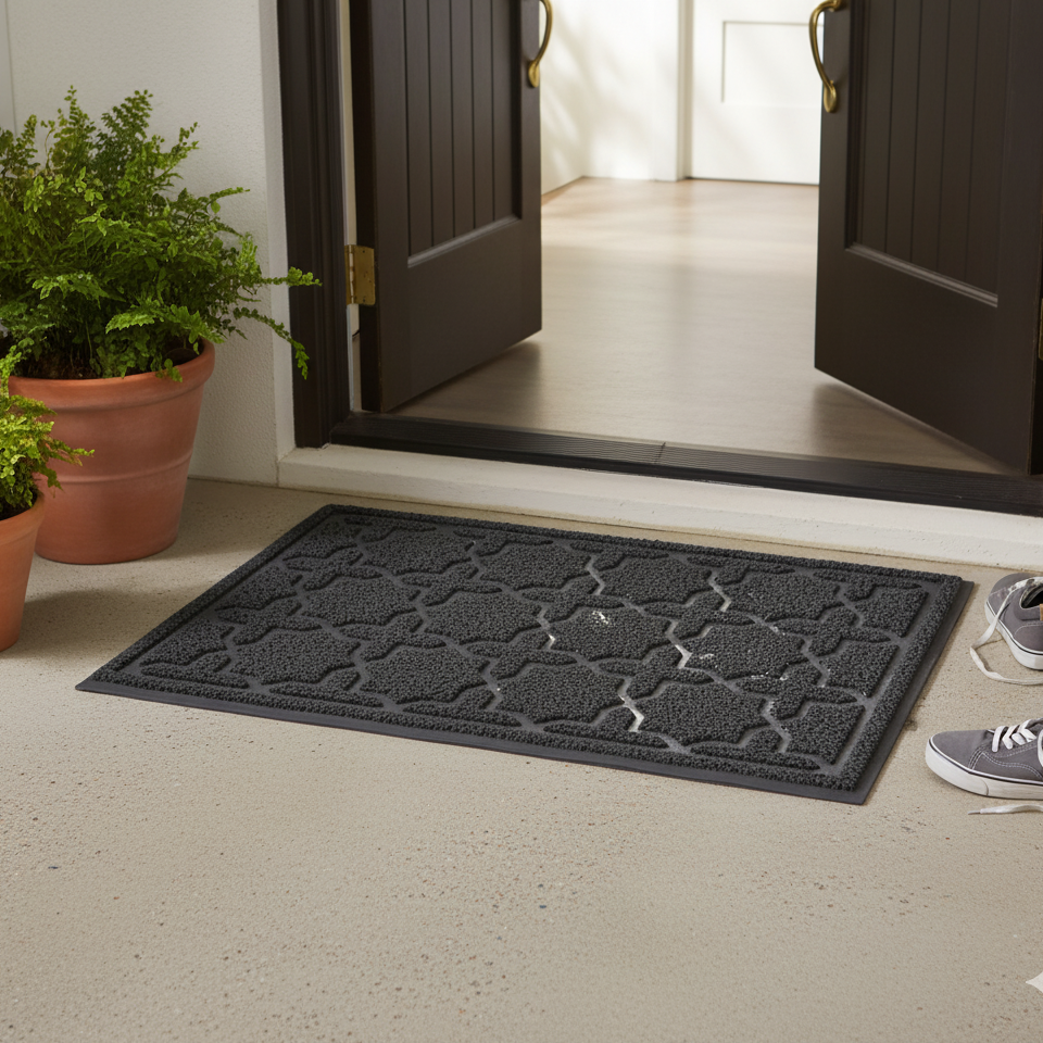 Black doormat with geometric pattern on a light-colored floor, with open doors and potted plants in the background.