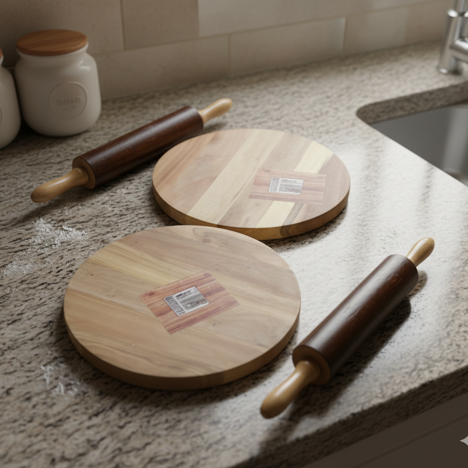 Two wooden cutting boards and two rolling pins on a kitchen counter.