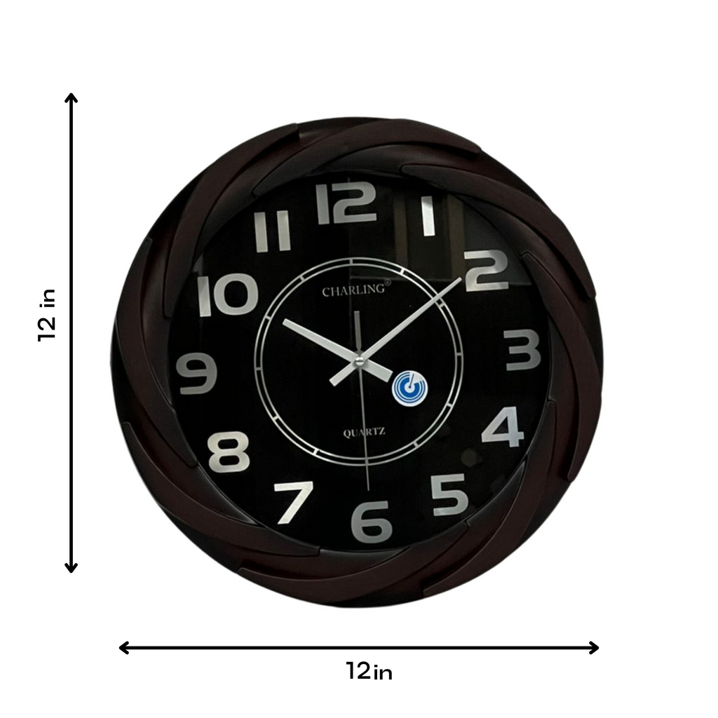Black wall clock with brown frame and measurements on a white background