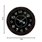 Black wall clock with brown frame and measurements on a white background