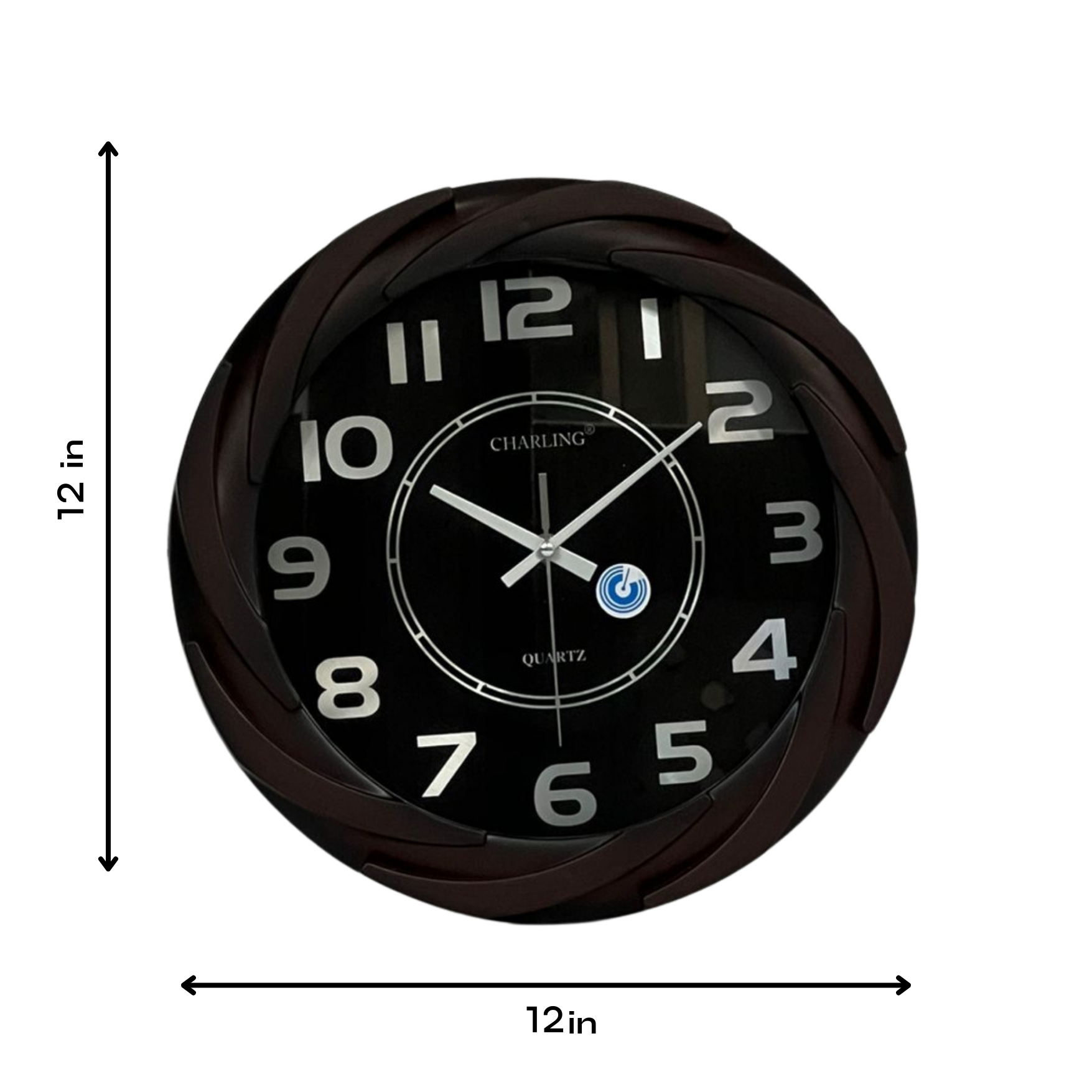 Black wall clock with brown frame and measurements on a white background