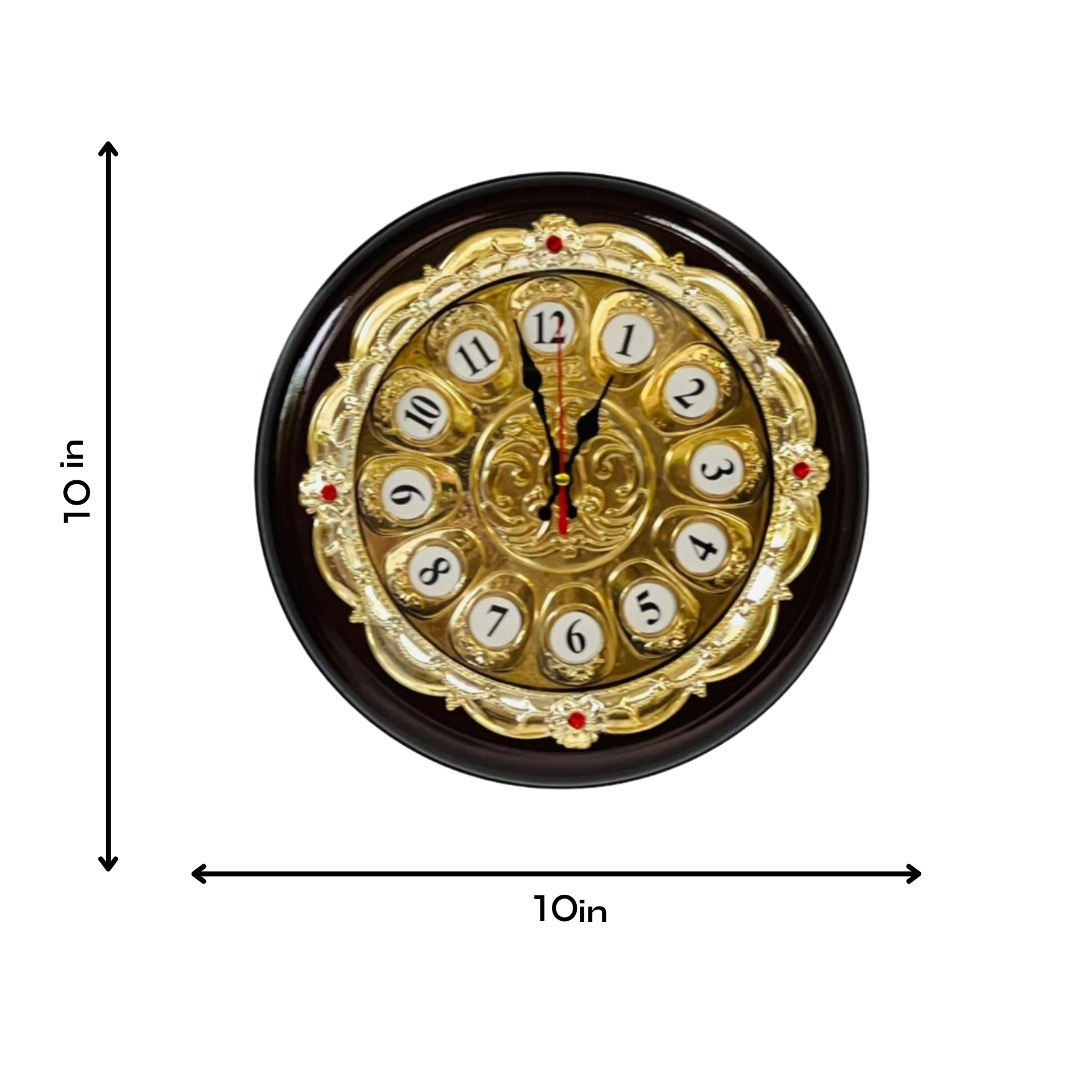 Decorative wall clock with vintage phone dial design, showing dimensions on a white background.