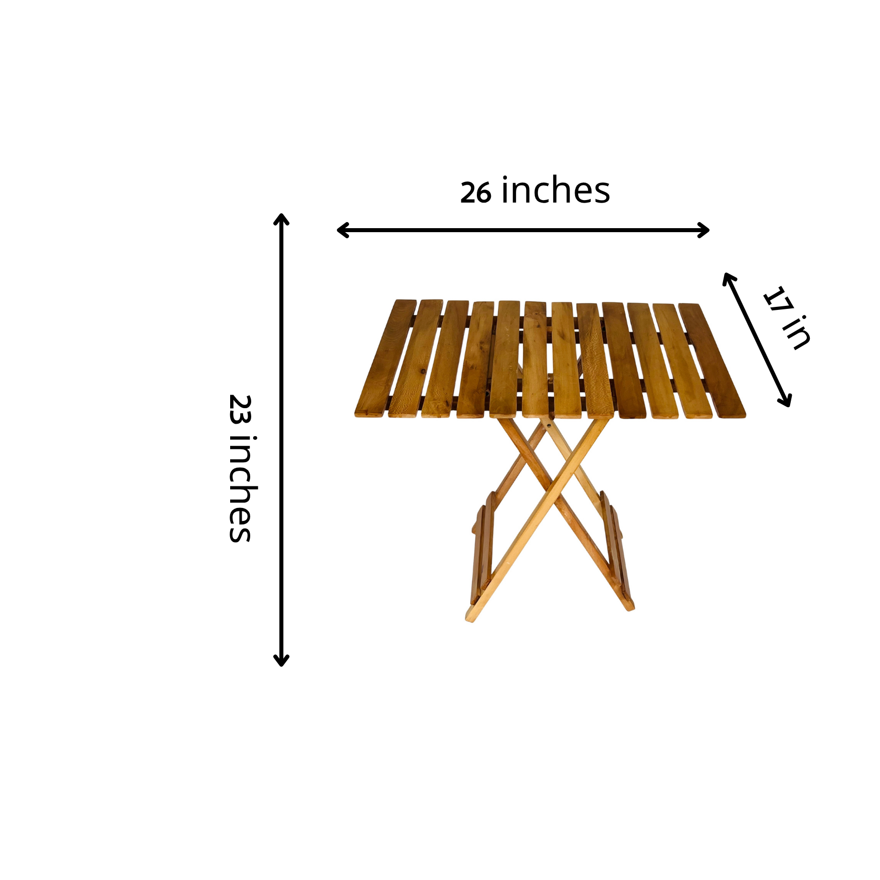 Measurement chart of a wooden folding table with dimensions labeled.