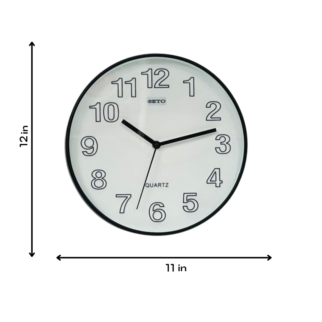 Wall clock with dimensions labeled on a white background