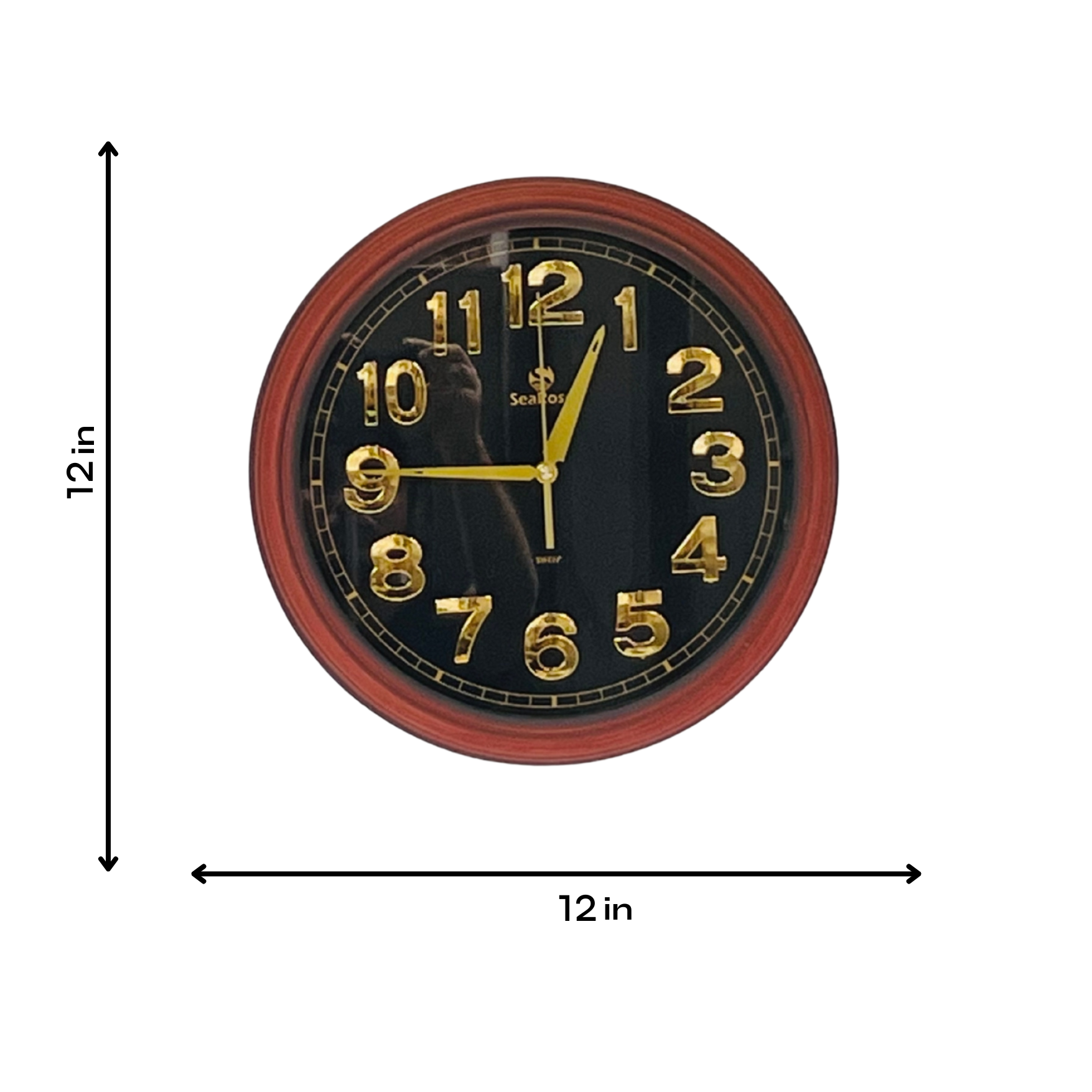 Round wall clock with red frame and black face, showing measurements on a white background.