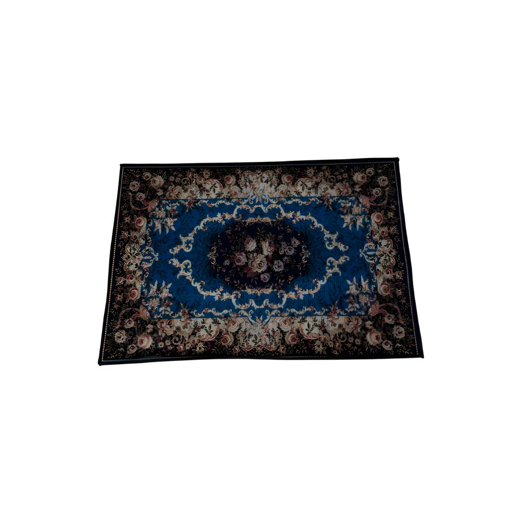 Decorative rug with a blue central design on a white background
