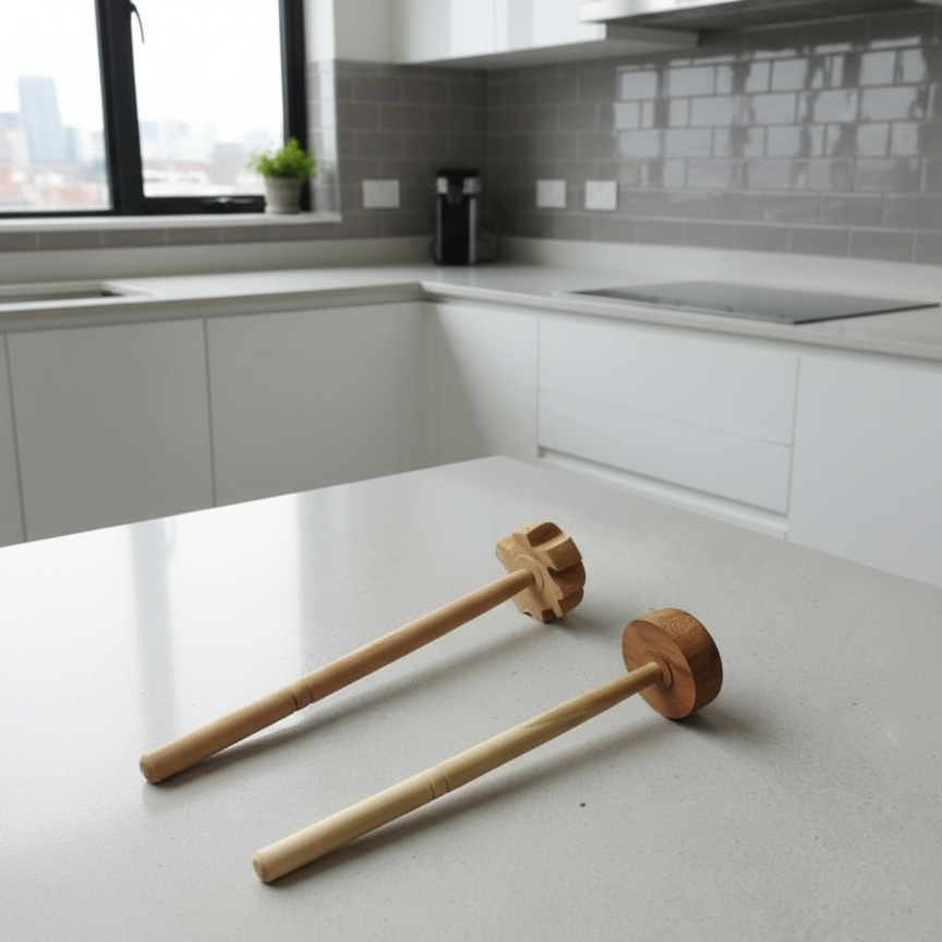 Wooden mallets on a kitchen counter with a cityscape view through the window.