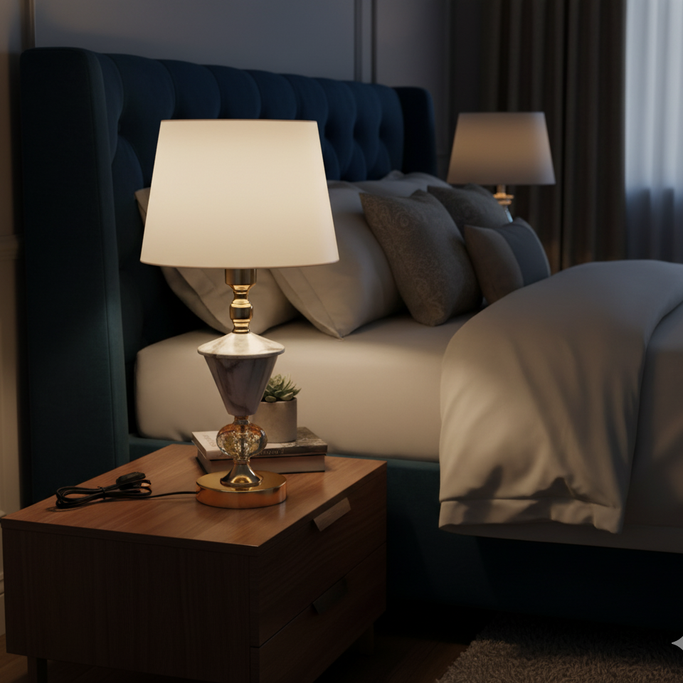 Lamp on a nightstand next to a bed with a dark blue headboard
