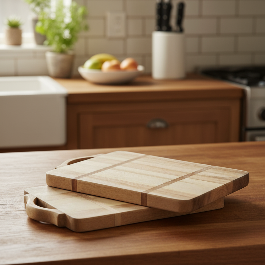 Wooden cutting boards on a kitchen counter with a blurred background