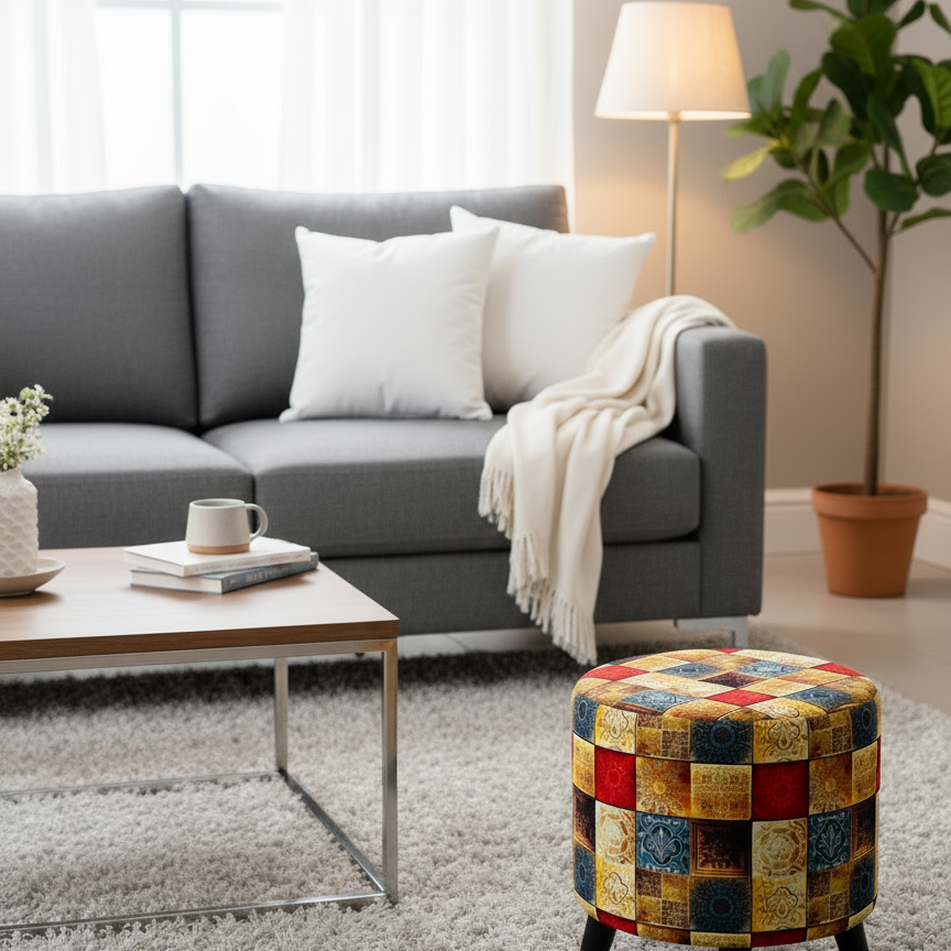 Living room with a gray sofa, coffee table, and colorful ottoman.