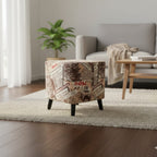 Patterned ottoman in a living room with a sofa and coffee table.