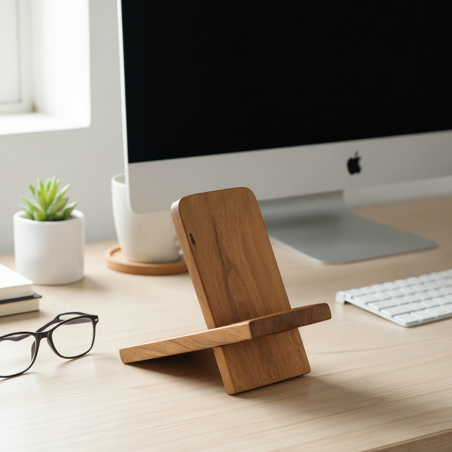 Wooden phone stand on a desk with a computer monitor and keyboard in the background.