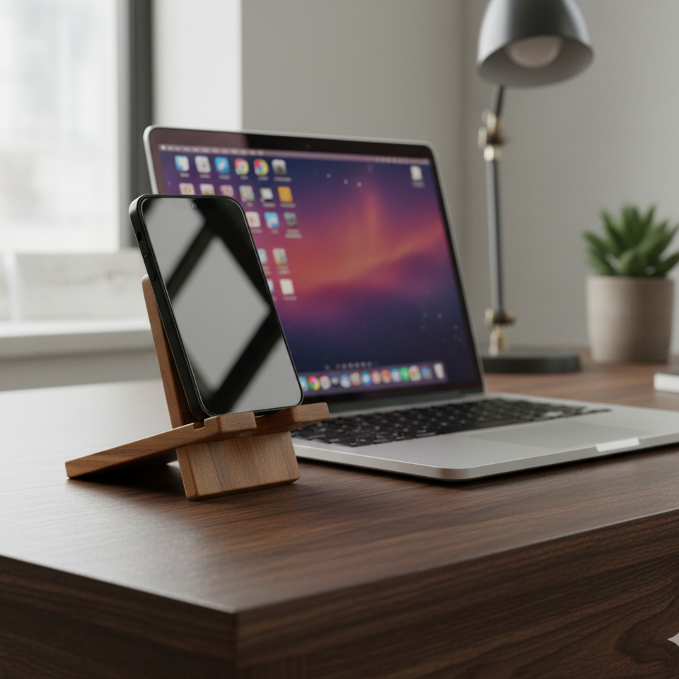 Laptop and smartphone on a wooden desk with a blurred background