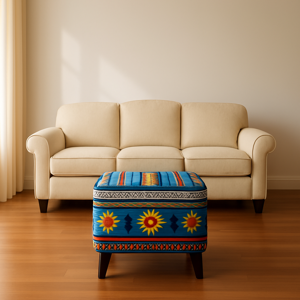 Beige sofa with a colorful ottoman in a room with wooden flooring and beige walls.