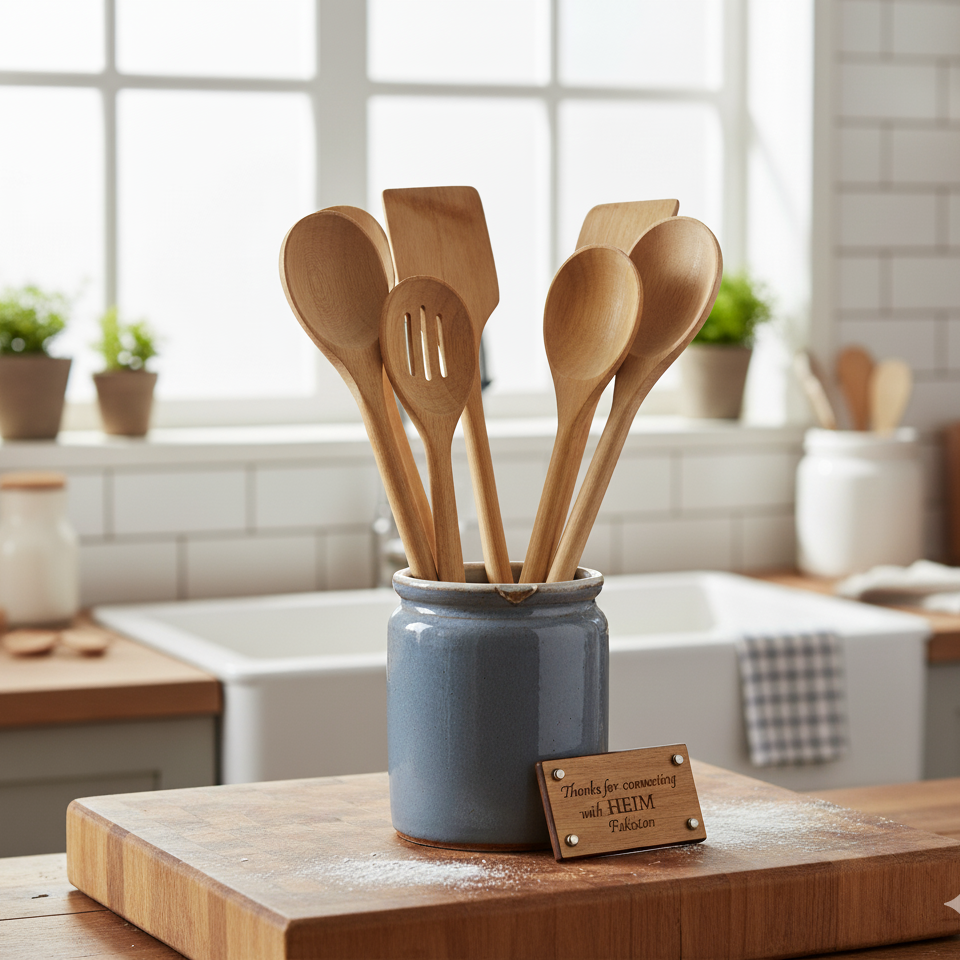 Set of wooden utensils in a blue container on a kitchen counter
