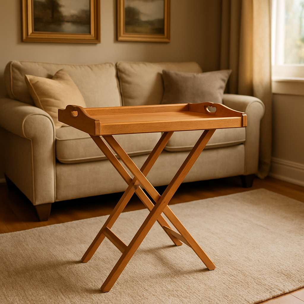 Wooden tray table in a living room setting with a beige sofa and framed pictures on the wall.