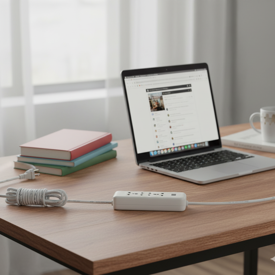 Laptop on a wooden desk with books, a mug, and a power strip.