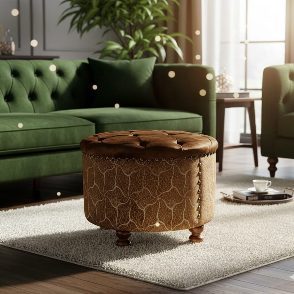 Green sofa with a brown ottoman in a living room setting