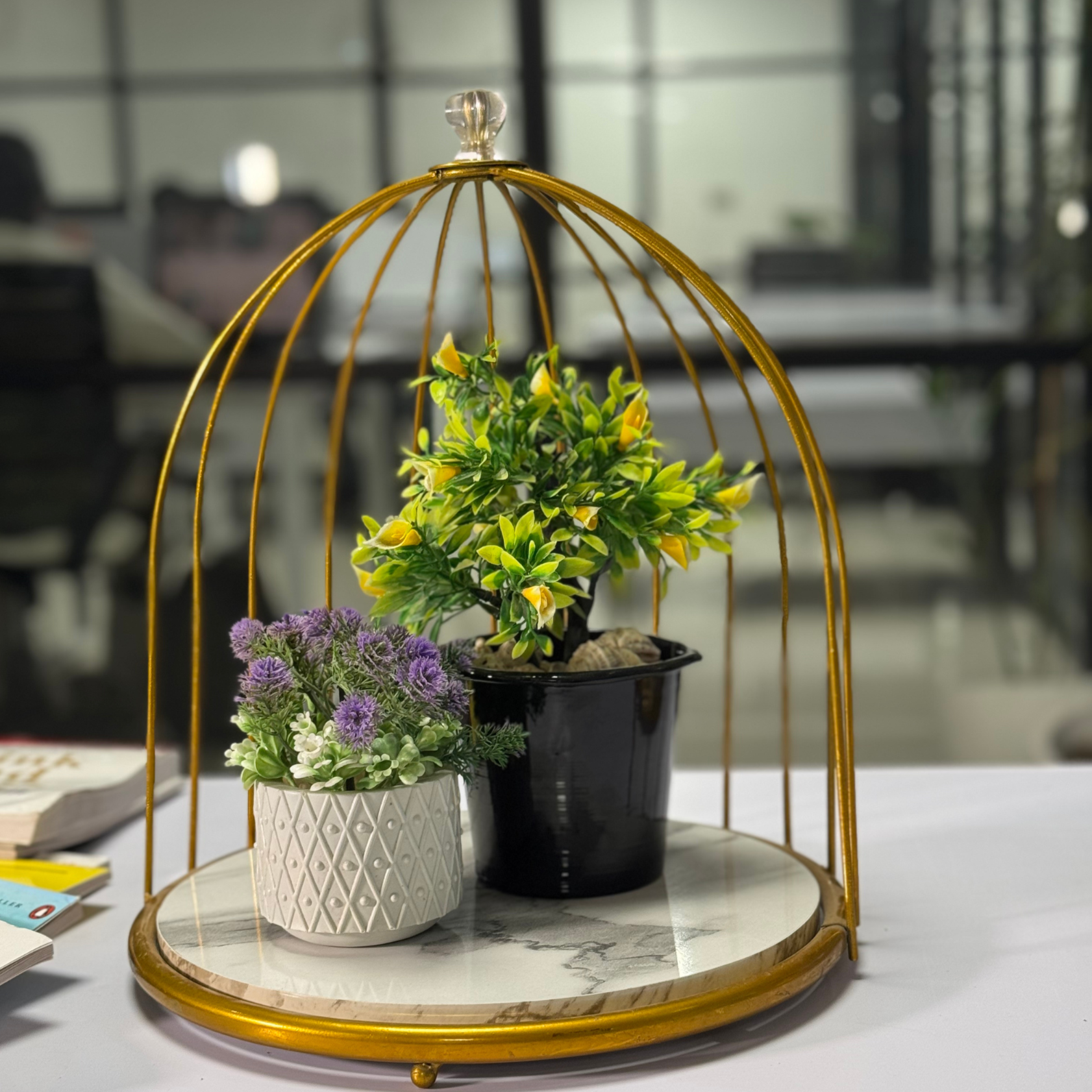 Decorative gold birdcage with potted plants on a table in an indoor setting