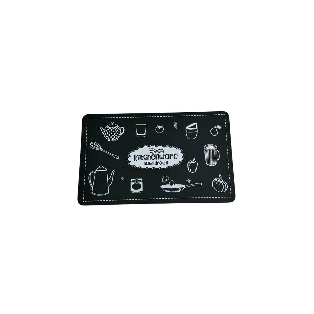 Black card with white kitchen illustrations on a white background