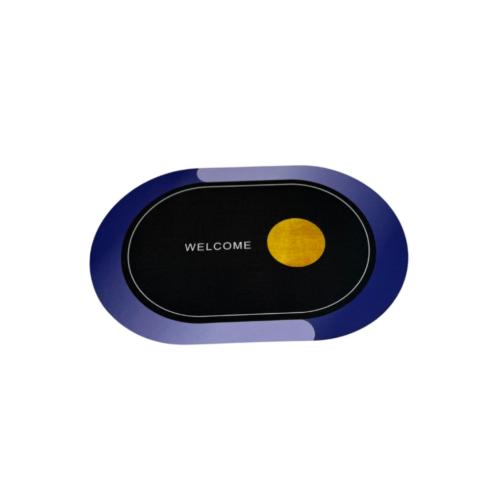 Black and blue electronic device with a yellow button on a white background