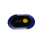 Black and blue electronic device with a yellow button on a white background