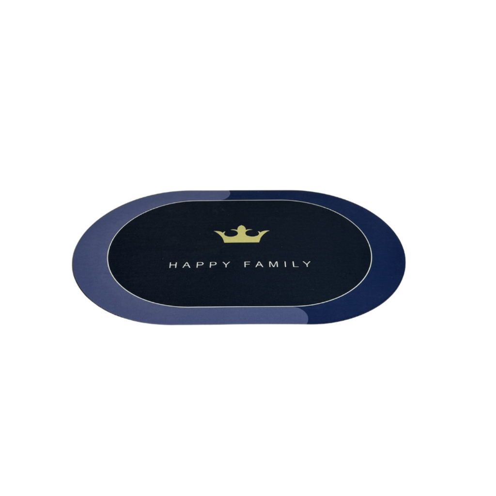 Blue oval tray with 'Happy Family' text and crown logo on a white background