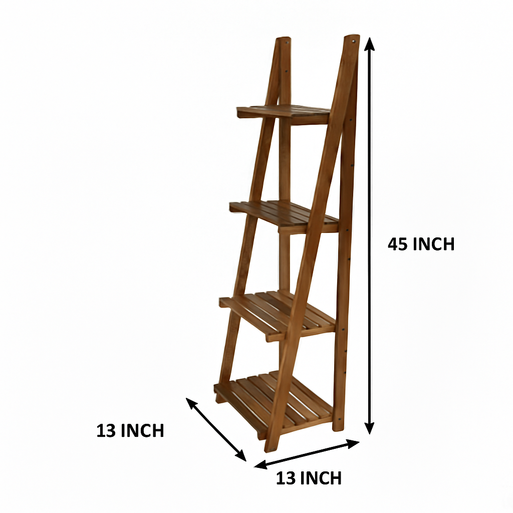 Wooden ladder shelf with dimensions labeled on a white background