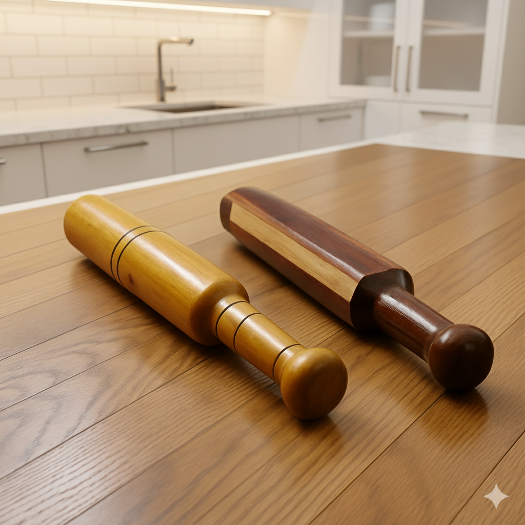 Two wooden rolling pins on a kitchen counter with a blurred background