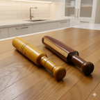 Two wooden rolling pins on a kitchen counter with a blurred background