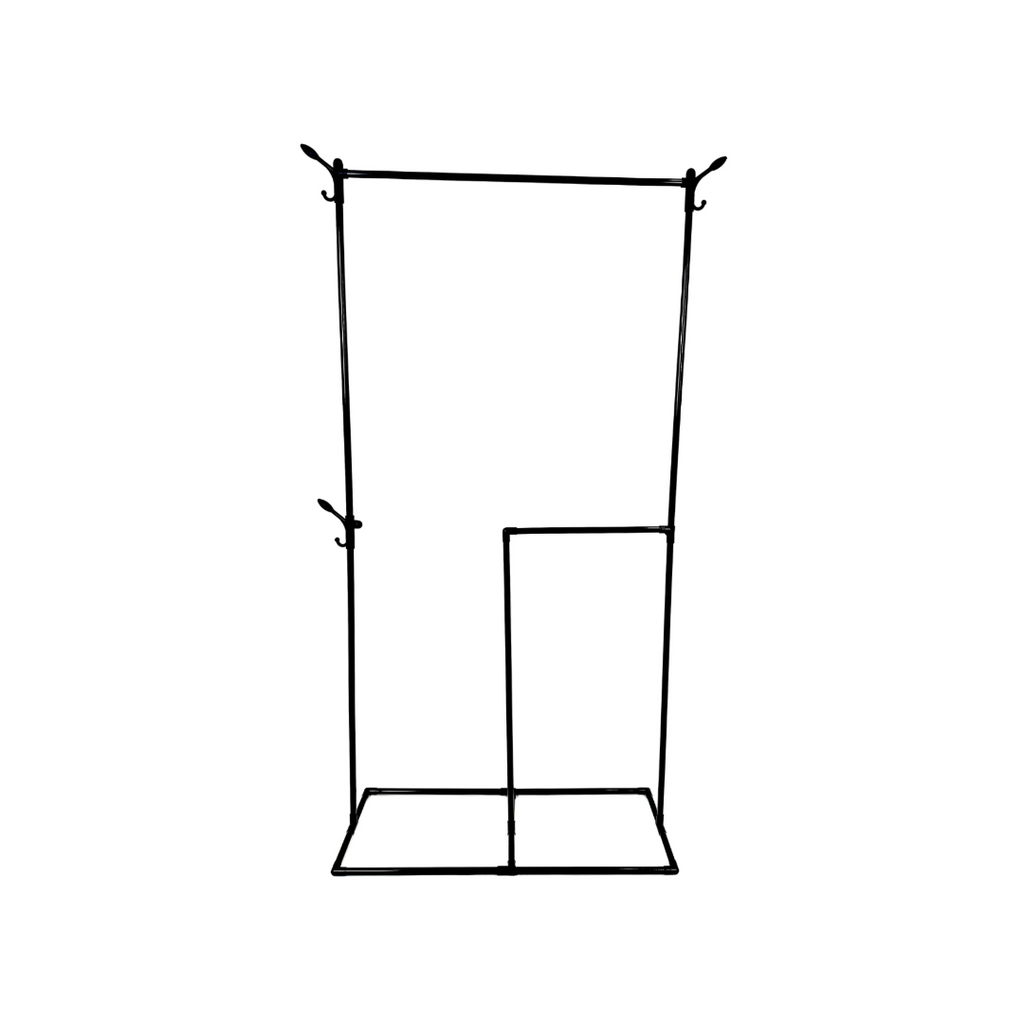 Black and white line drawing of a stand with hooks on a white background
