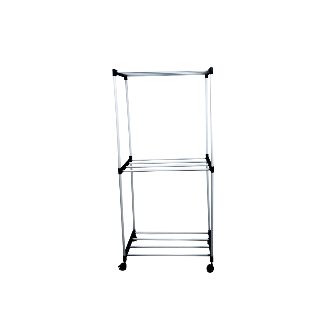 Metal clothing rack with two shelves on a white background