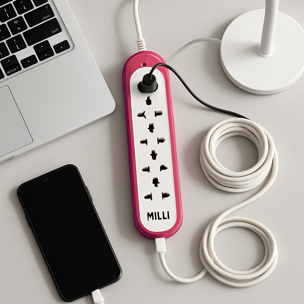 Pink and white power strip with multiple outlets on a desk next to a smartphone and laptop.