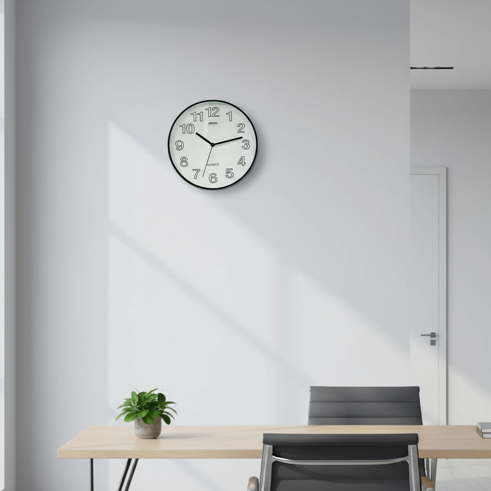 Modern office setting with a clock on the wall above a desk.