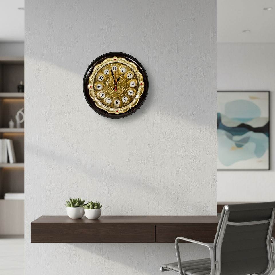 Decorative wall clock on a modern office wall with a chair and shelf in the background.
