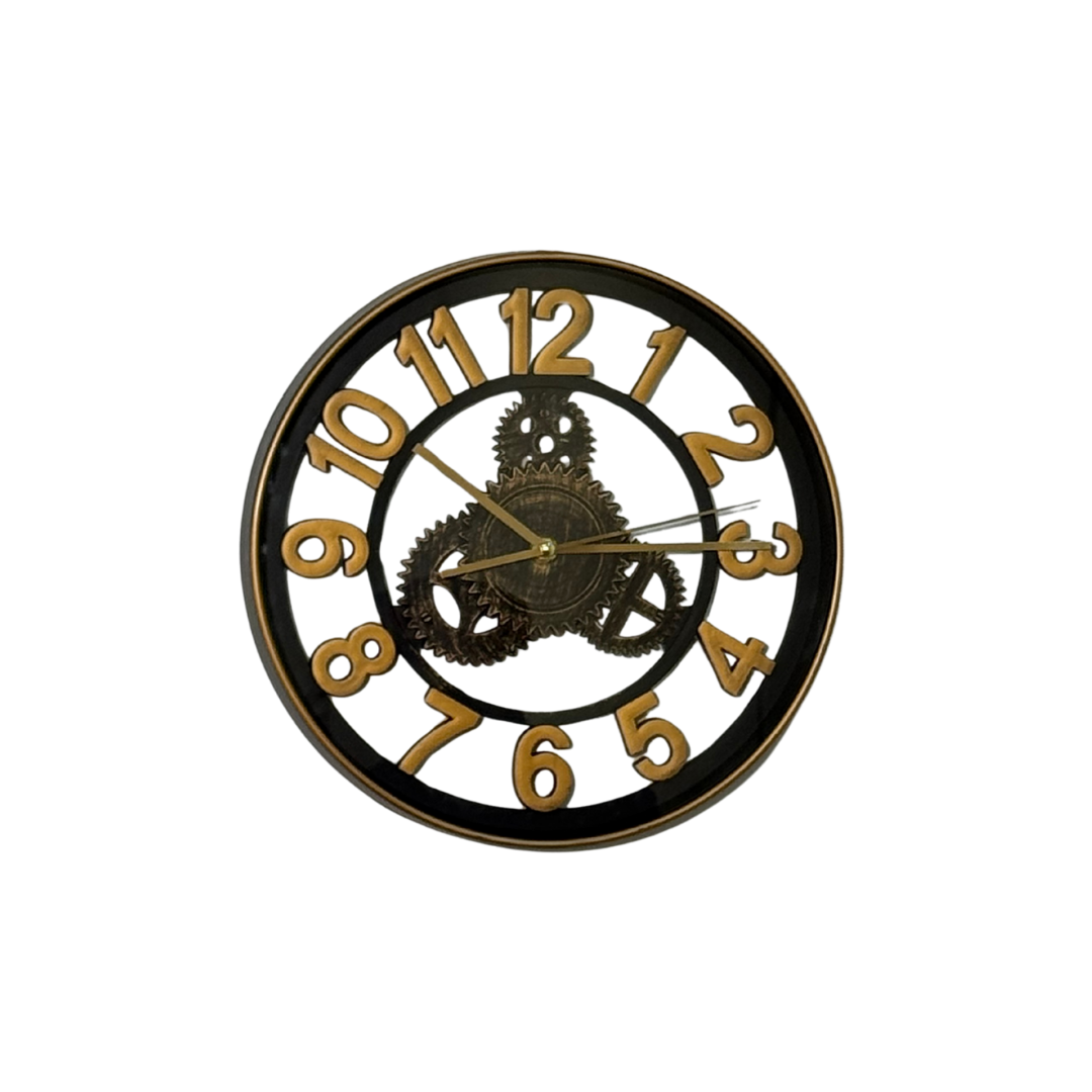 Decorative wall clock with gold numbers and black frame on a white background